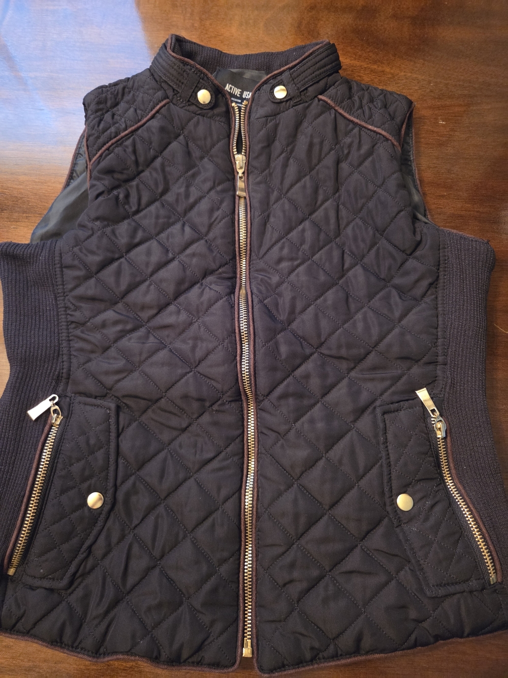 Active USA Black Quilted Vest with Gold Hardware